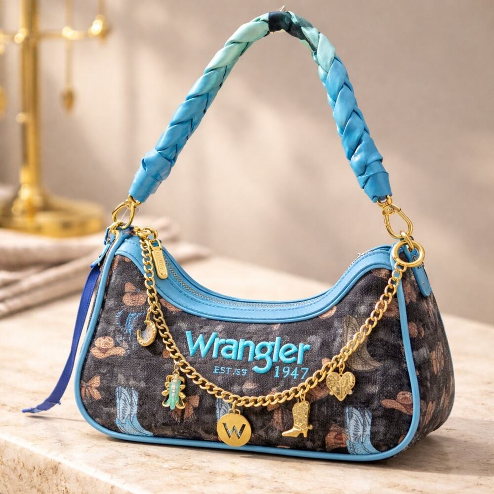 Womens Wrangler Rodeo Icons Braided Handle Shoulder Bag with charms chain...